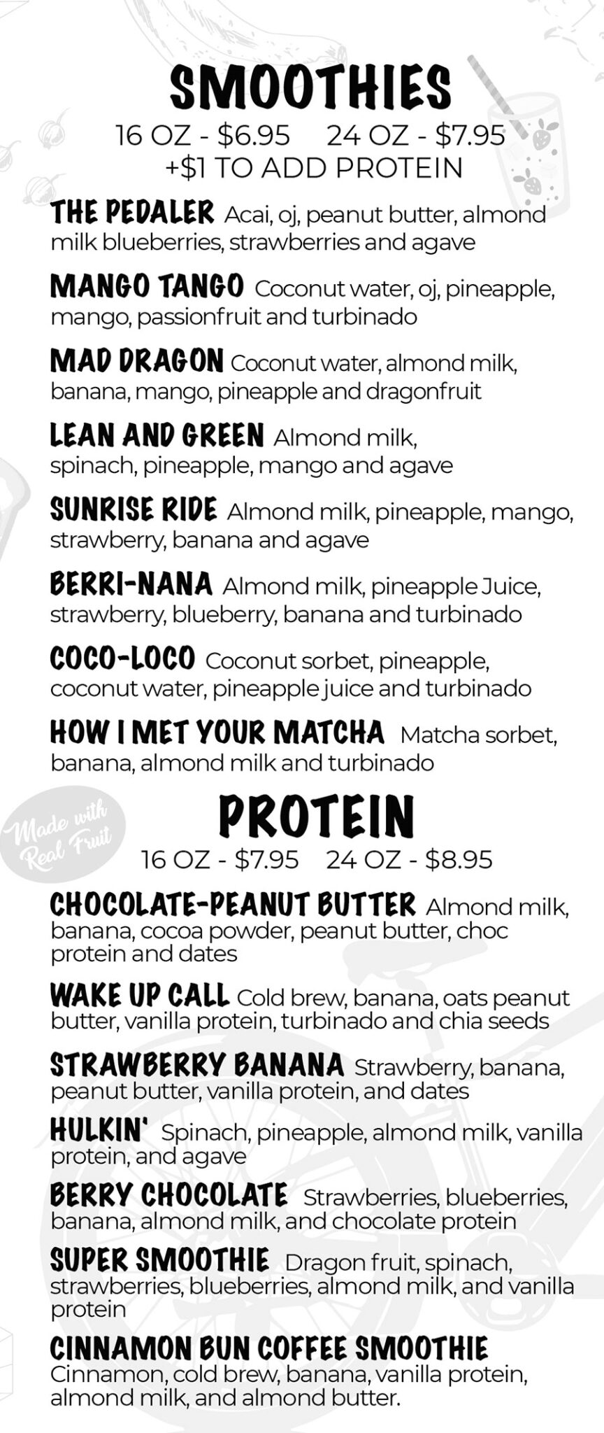 MENU – E-bikes, Smoothie Bowls, Acai, Coffee and more